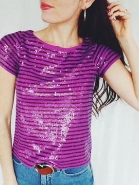 J. Crew Purple Striped Sequin Short Sleeve Top